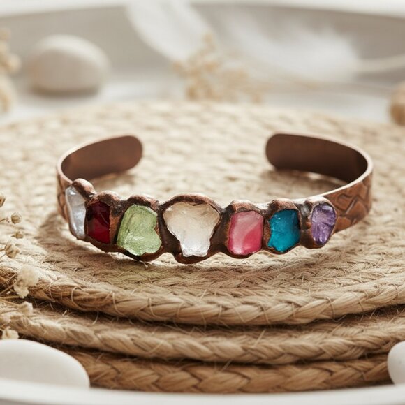 🆕️Bracelet with 7 Natural Gemstones Handcrafted Multi-Colored Crystal Rock Cuff - Picture 1 of 13